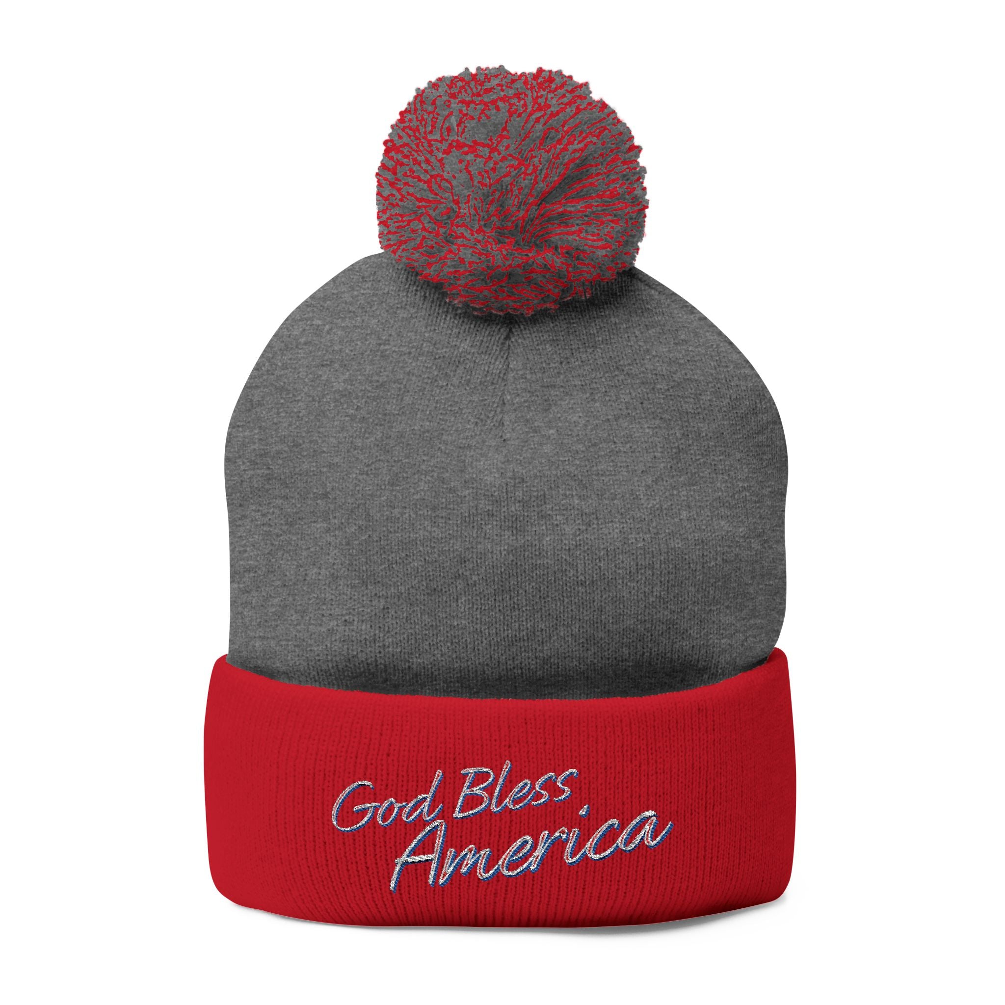 God Bless America Embroidered Pom-Pom Knit Cap – Cozy Patriotic Beanie with Vintage Sentiment