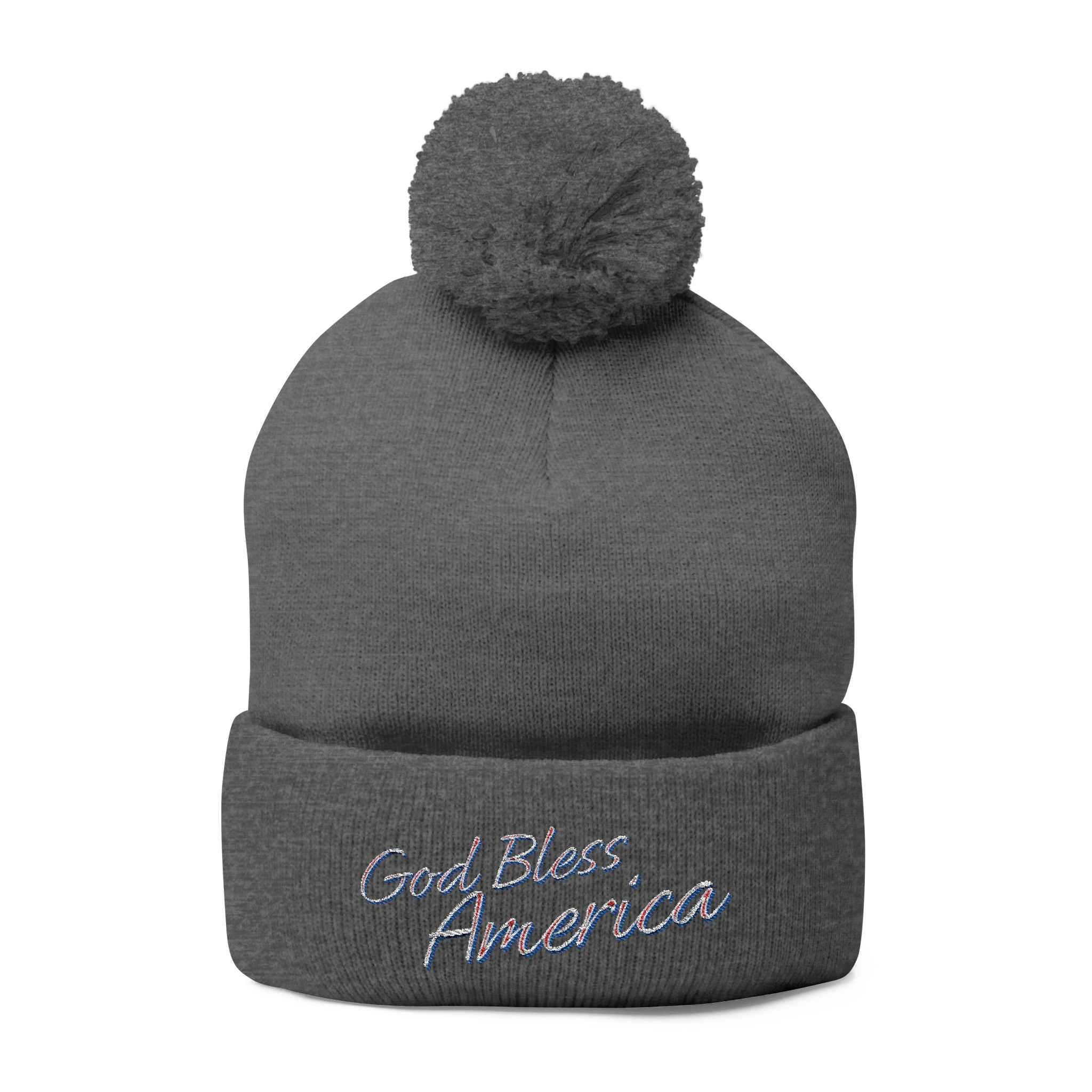 God Bless America Embroidered Pom-Pom Knit Cap – Cozy Patriotic Beanie with Vintage Sentiment