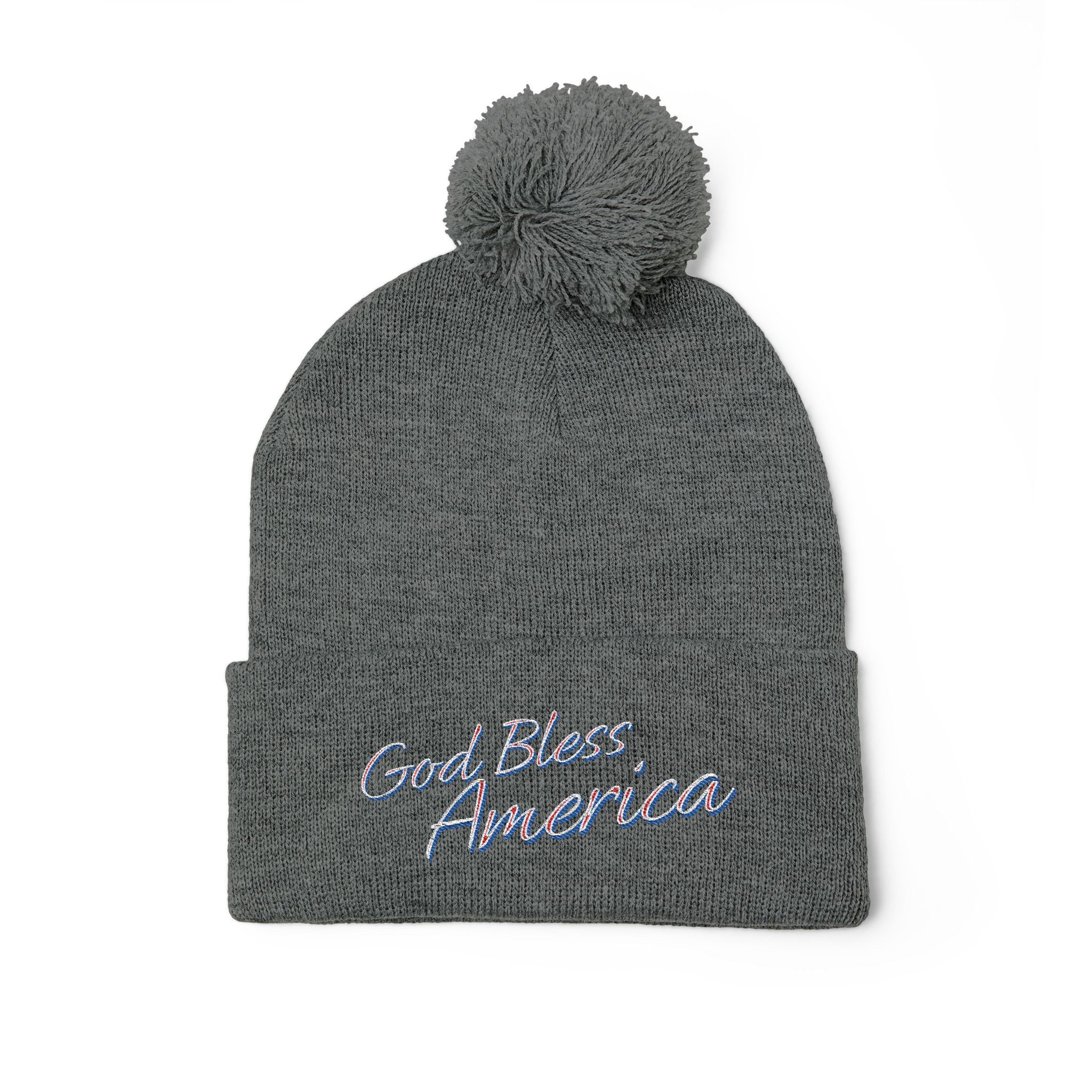 God Bless America Embroidered Pom-Pom Knit Cap – Cozy Patriotic Beanie with Vintage Sentiment
