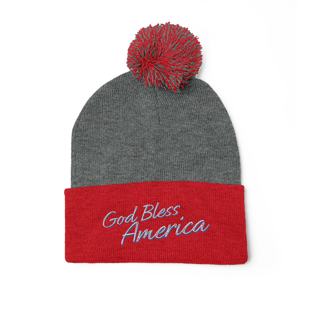 God Bless America Embroidered Pom-Pom Knit Cap – Cozy Patriotic Beanie with Vintage Sentiment