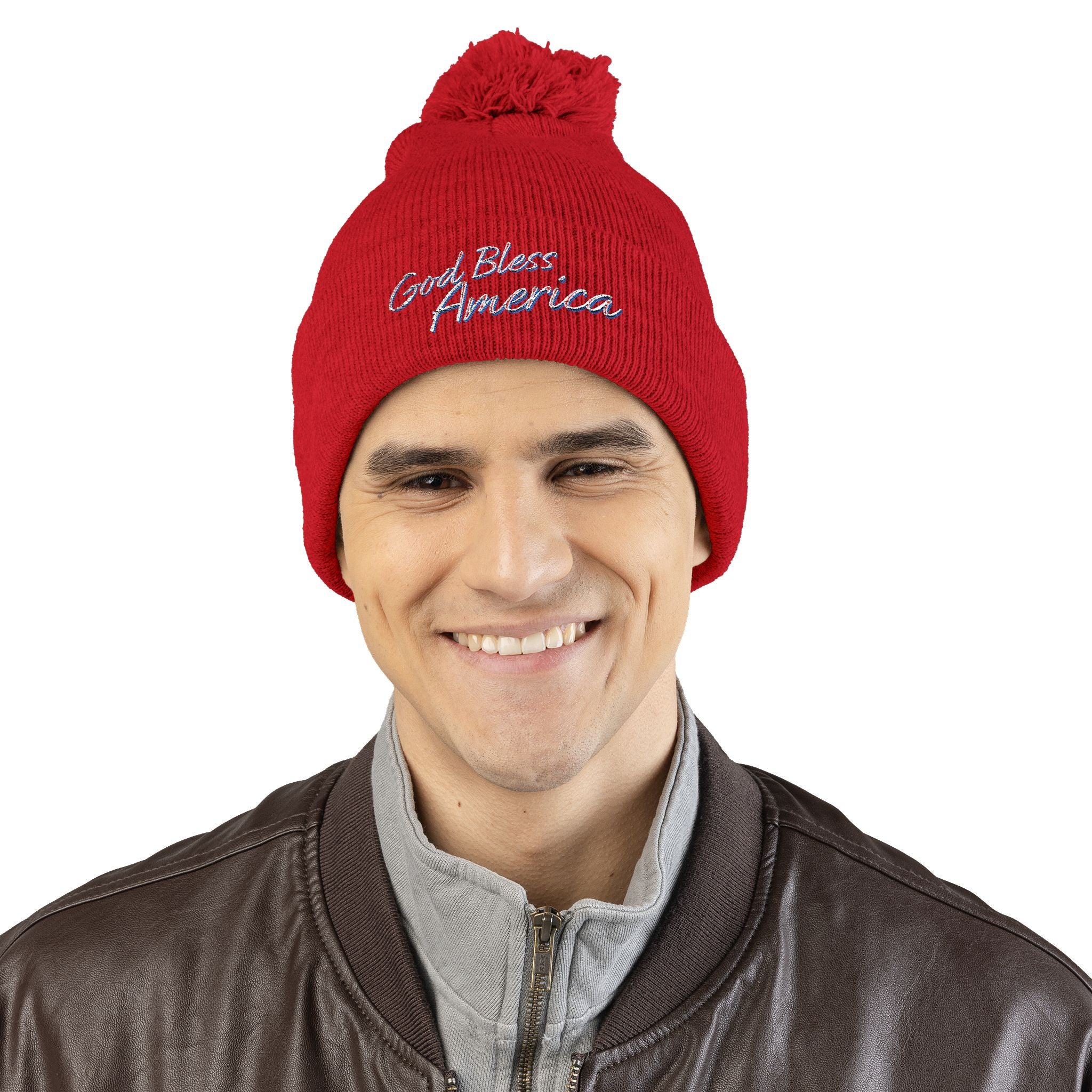 God Bless America Embroidered Pom-Pom Knit Cap – Cozy Patriotic Beanie with Vintage Sentiment