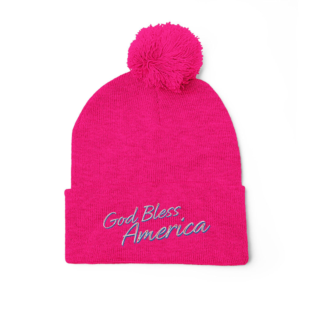 God Bless America Embroidered Pom-Pom Knit Cap – Cozy Patriotic Beanie with Vintage Sentiment