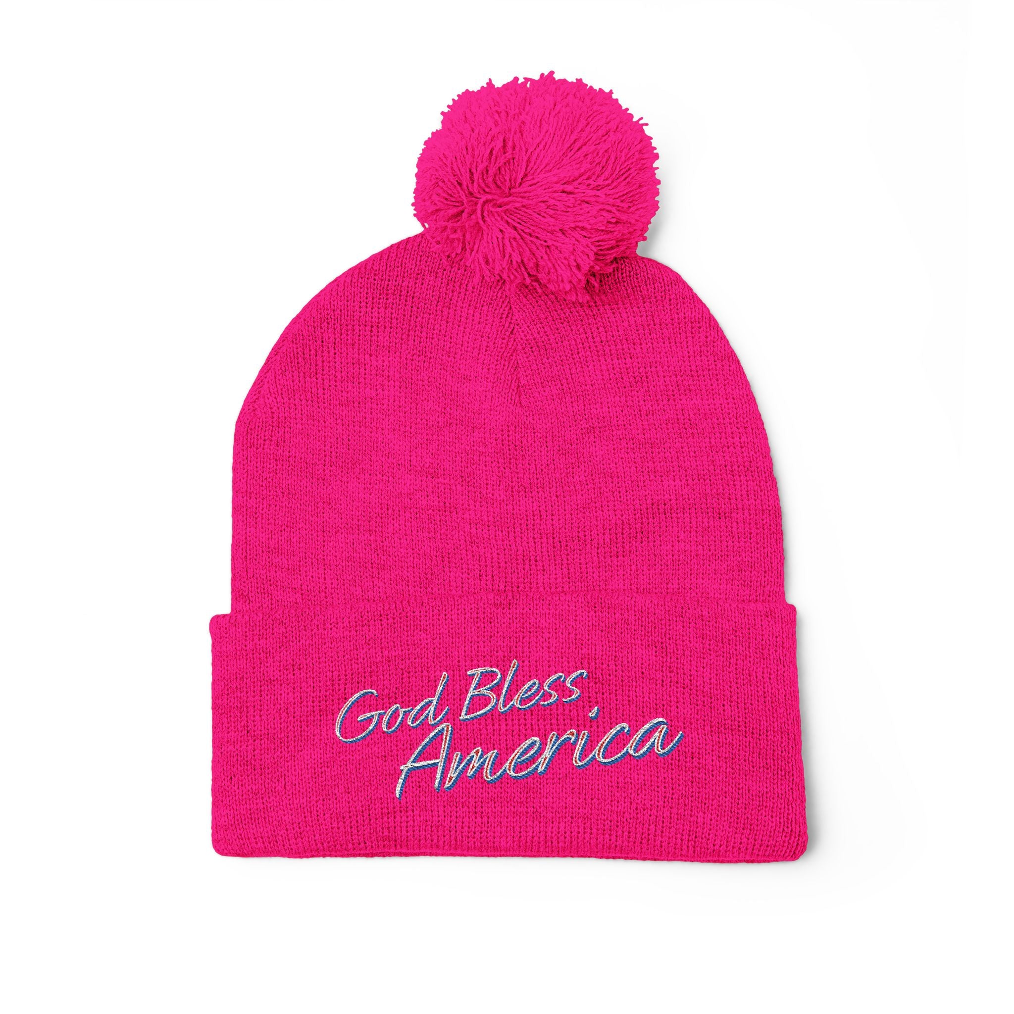 God Bless America Embroidered Pom-Pom Knit Cap – Cozy Patriotic Beanie with Vintage Sentiment