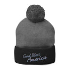 God Bless America Embroidered Pom-Pom Knit Cap – Cozy Patriotic Beanie with Vintage Sentiment
