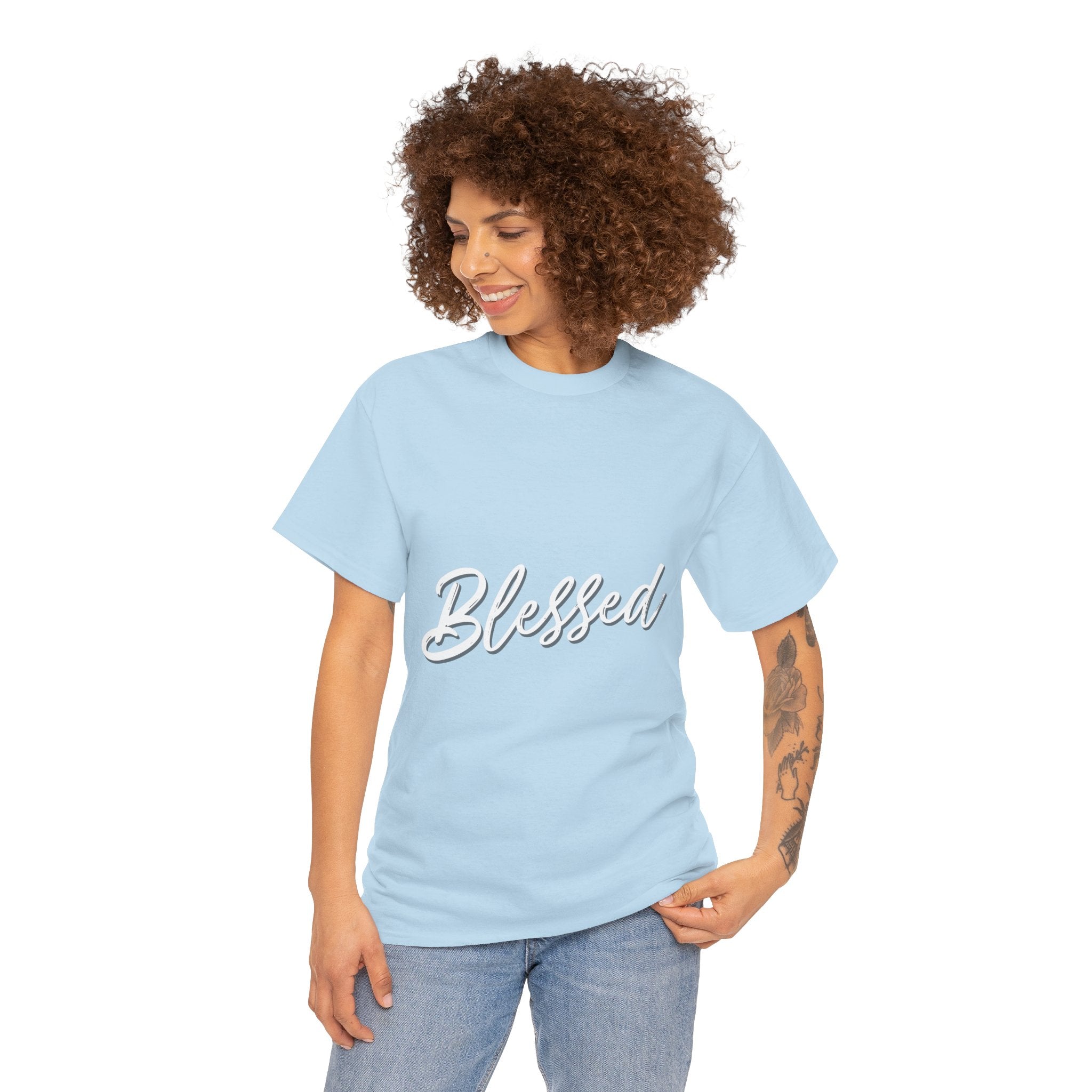 Blessed Lettered T-Shirt – Soft Cotton Tee with Subtle Gratitude Script – A Quiet Reminder of Faith, Grace & Inner Peace