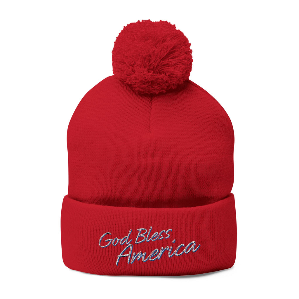 God Bless America Embroidered Pom-Pom Knit Cap – Cozy Patriotic Beanie with Vintage Sentiment