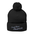 God Bless America Embroidered Pom-Pom Knit Cap – Cozy Patriotic Beanie with Vintage Sentiment