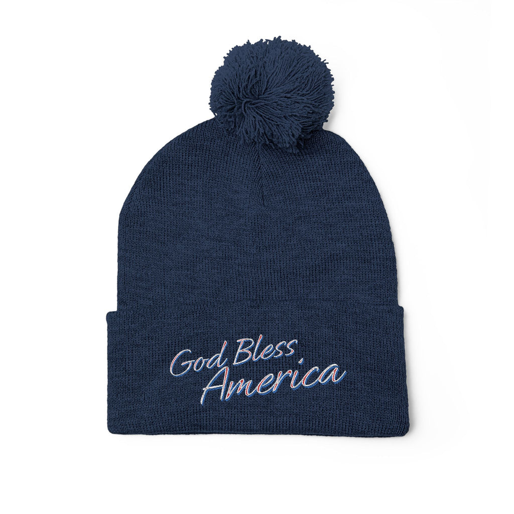 God Bless America Embroidered Pom-Pom Knit Cap – Cozy Patriotic Beanie with Vintage Sentiment