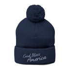 God Bless America Embroidered Pom-Pom Knit Cap – Cozy Patriotic Beanie with Vintage Sentiment