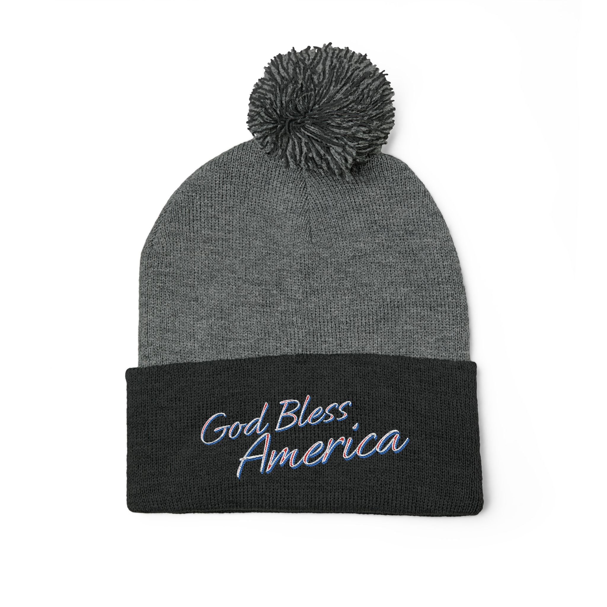 God Bless America Embroidered Pom-Pom Knit Cap – Cozy Patriotic Beanie with Vintage Sentiment