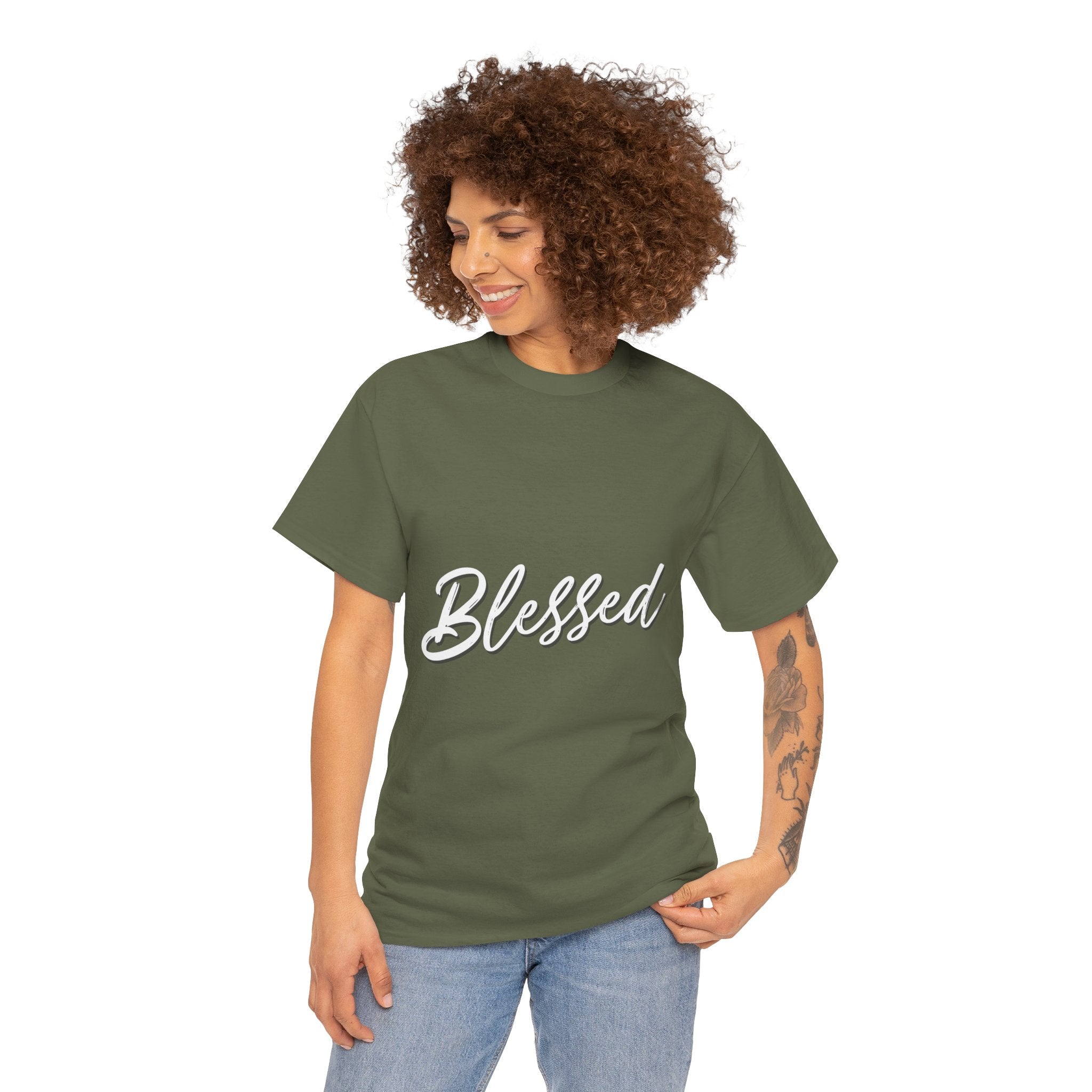 Blessed Lettered T-Shirt – Soft Cotton Tee with Subtle Gratitude Script – A Quiet Reminder of Faith, Grace & Inner Peace
