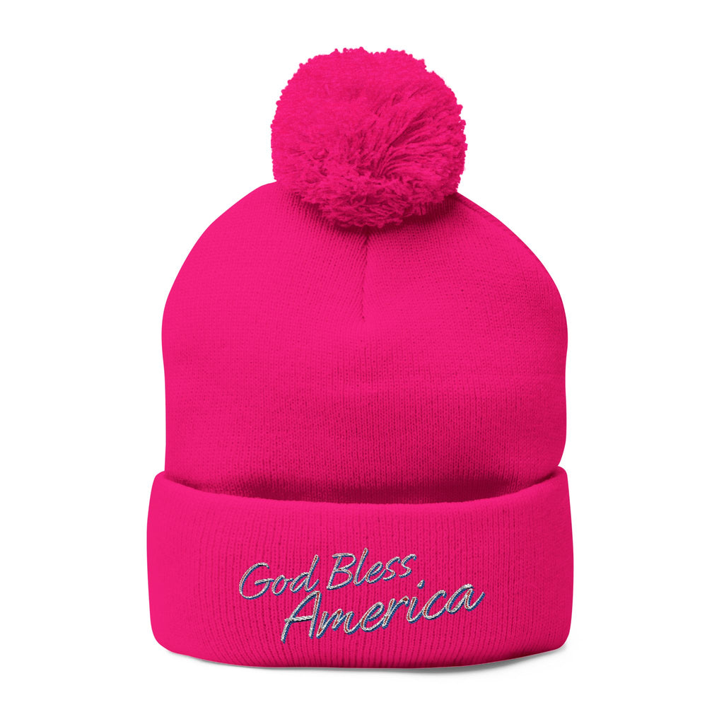 God Bless America Embroidered Pom-Pom Knit Cap – Cozy Patriotic Beanie with Vintage Sentiment