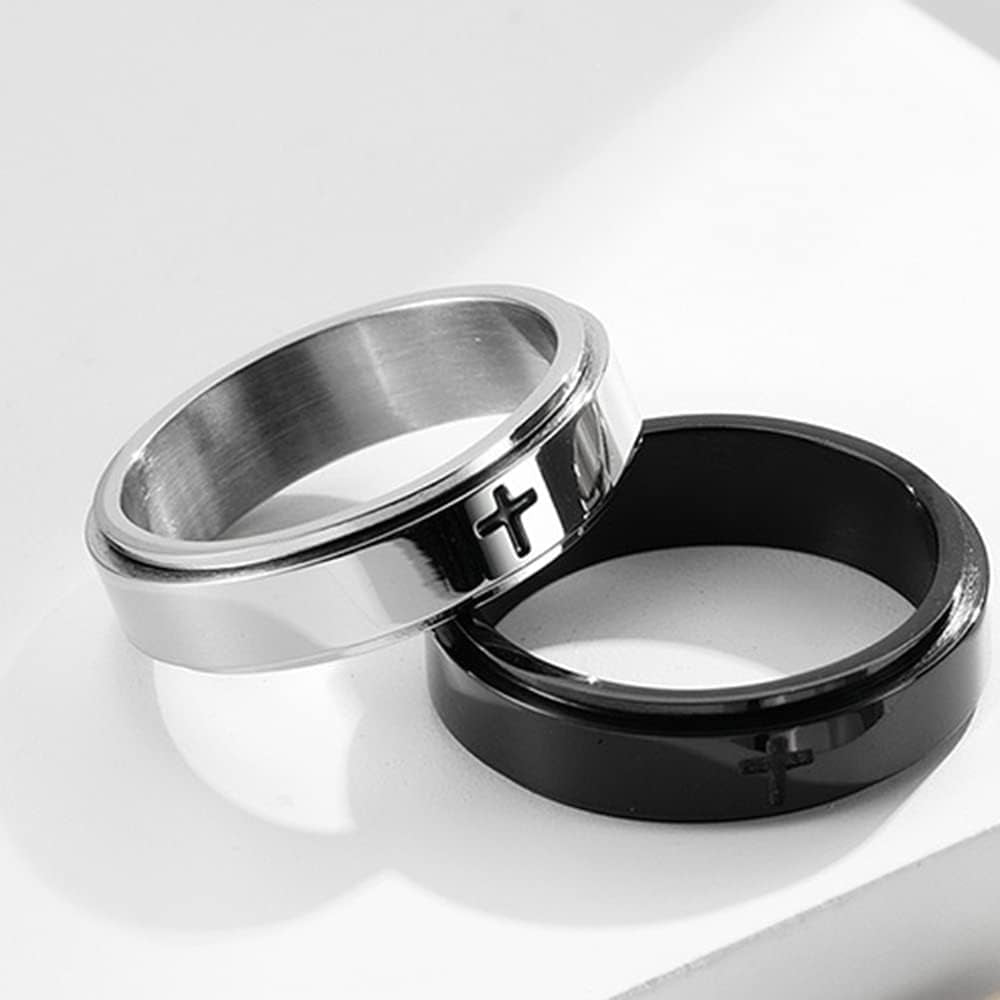 Minimalist Cross Spinner Ring – Christian Prayer Stress Relief Fidget Band, Stainless Steel, Black/Silver, Gift for Men & Women, Sizes 6-10