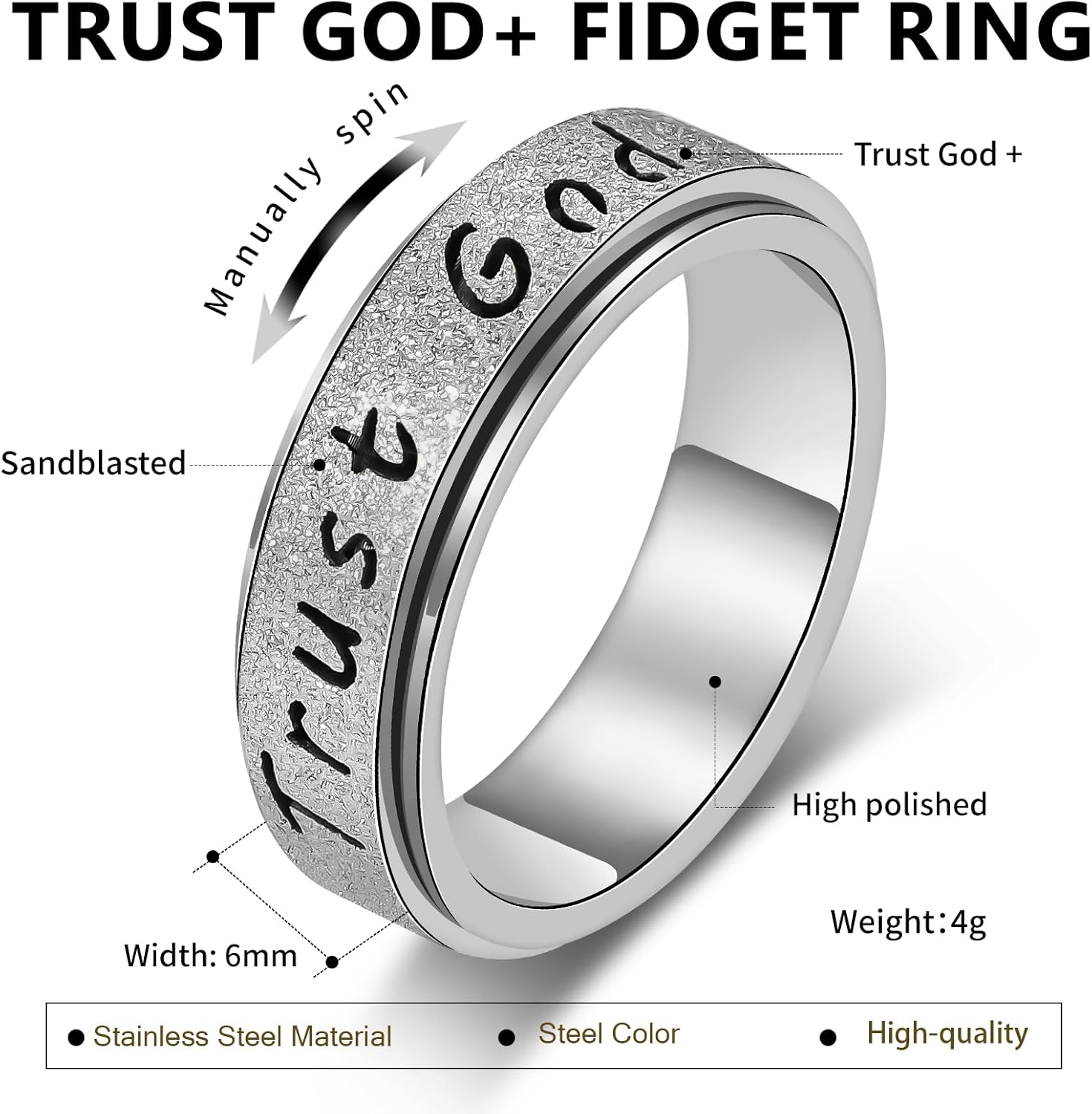Trust God Fidget Spinner Ring – Anxiety Relief Gold-Plated Stainless Steel, Hypoallergenic Gift for Women & Men, Sizes 6-10