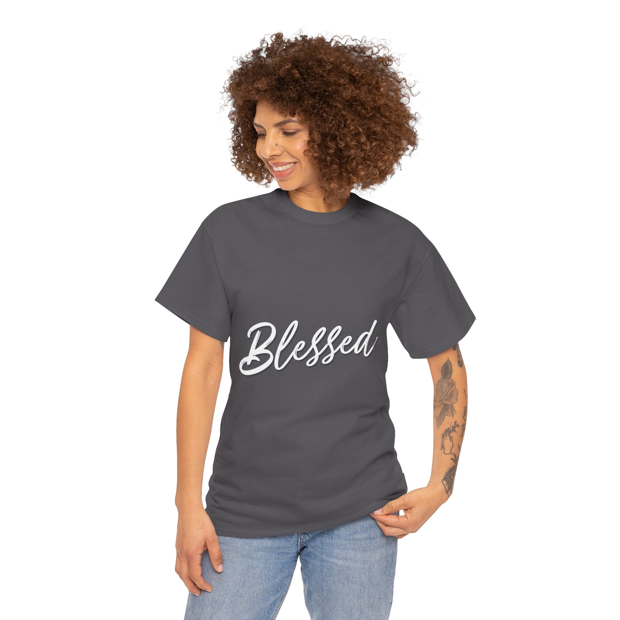 Blessed Lettered T-Shirt – Soft Cotton Tee with Subtle Gratitude Script – A Quiet Reminder of Faith, Grace & Inner Peace