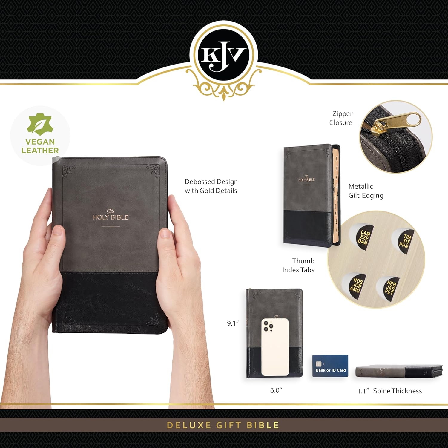 KJV Standard Size Faux Leather Bible, Gray/Black, Zipper & Thumb Index – A Beacon of Faith and Timeless Wisdom