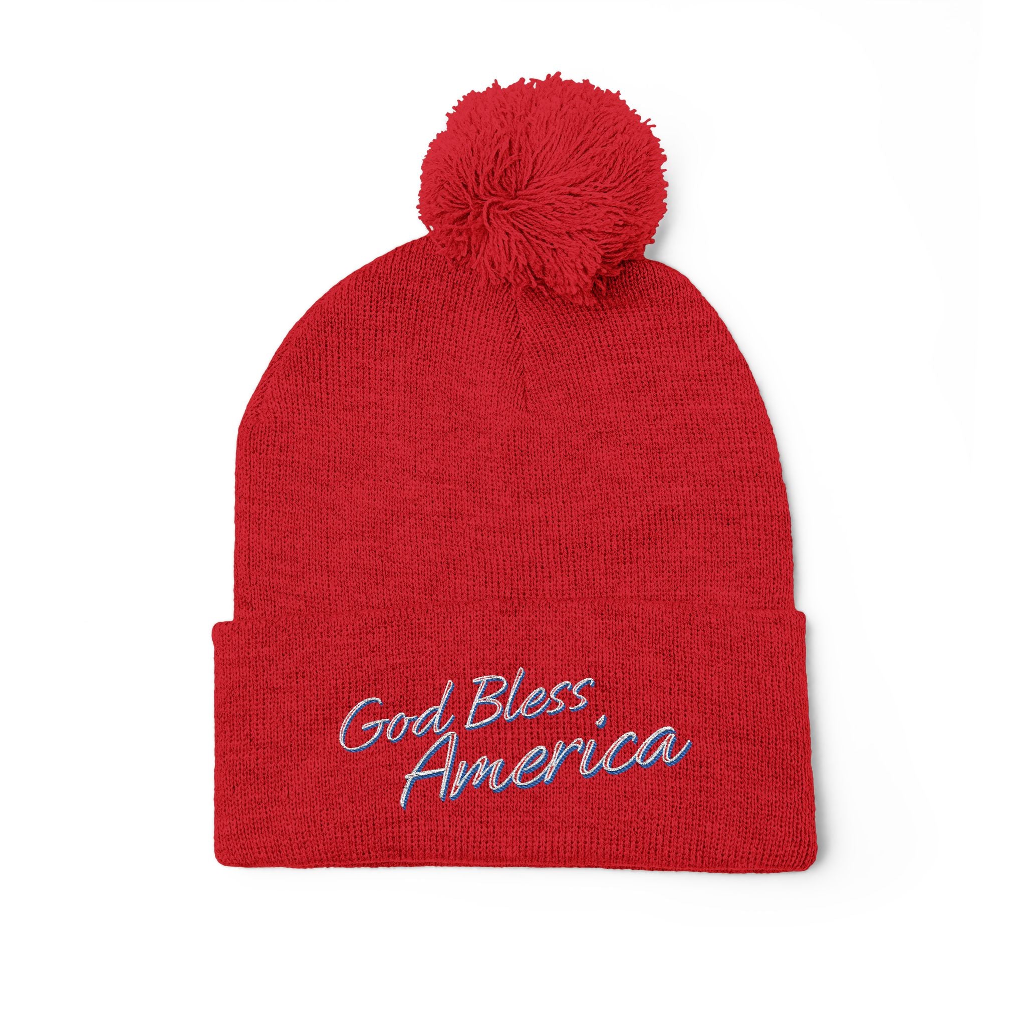 God Bless America Embroidered Pom-Pom Knit Cap – Cozy Patriotic Beanie with Vintage Sentiment