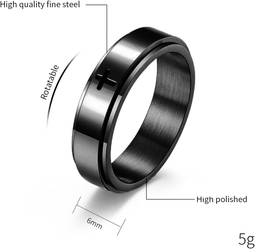Minimalist Cross Spinner Ring – Christian Prayer Stress Relief Fidget Band, Stainless Steel, Black/Silver, Gift for Men & Women, Sizes 6-10