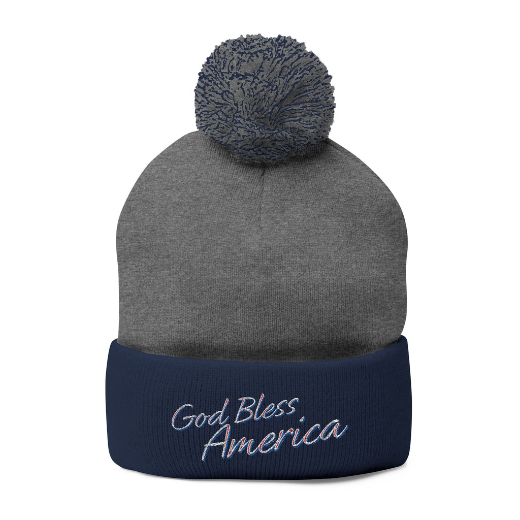 God Bless America Embroidered Pom-Pom Knit Cap – Cozy Patriotic Beanie with Vintage Sentiment
