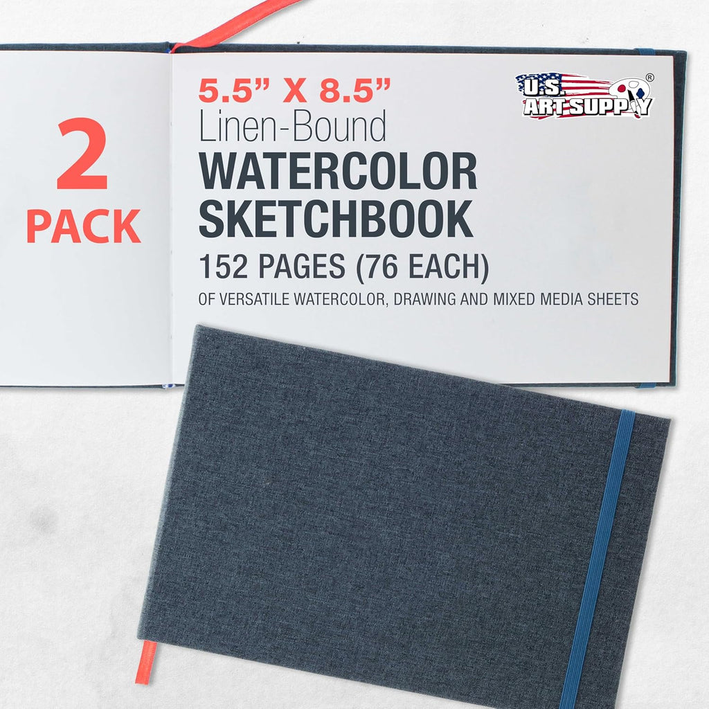 5.5" X 8.5" Watercolor Book (2 Pack, 76 Sheets Each) - 110Lb (230 GSM) Linen-Bound Hardcover Artist Paper Pads - Acid-Free Cold-Pressed Watercolor Paper Pad Mixed Media