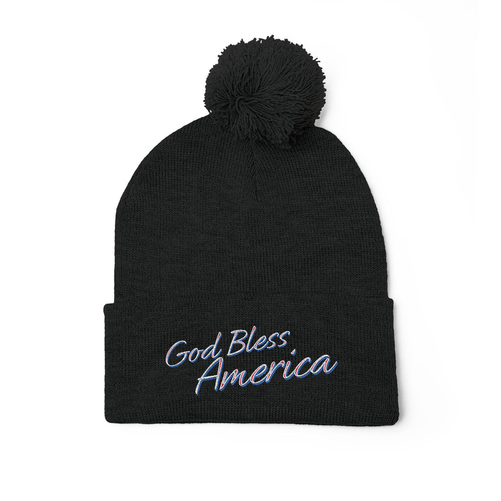 God Bless America Embroidered Pom-Pom Knit Cap – Cozy Patriotic Beanie with Vintage Sentiment