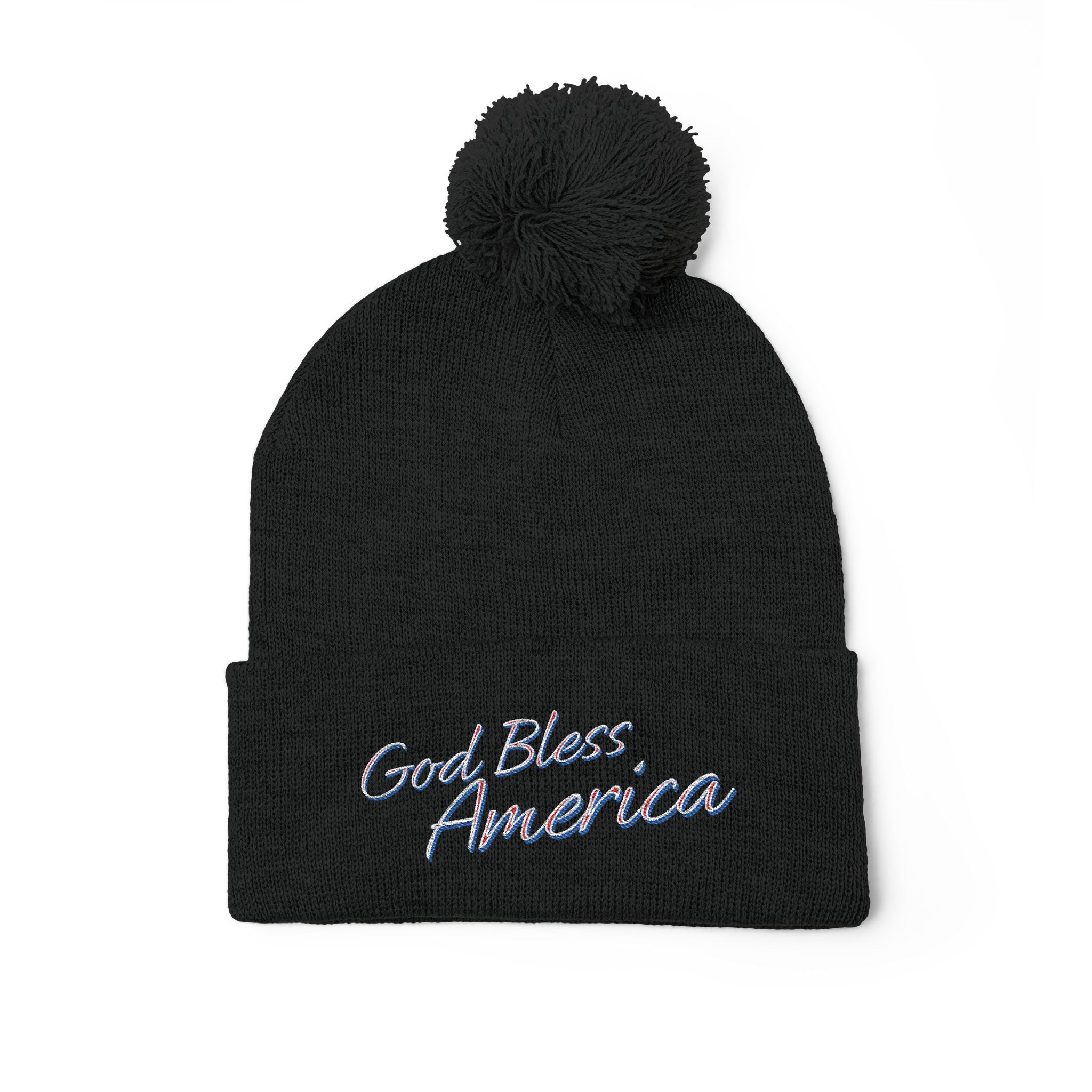 God Bless America Embroidered Pom-Pom Knit Cap – Cozy Patriotic Beanie with Vintage Sentiment