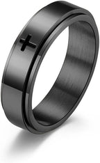 Minimalist Cross Spinner Ring – Christian Prayer Stress Relief Fidget Band, Stainless Steel, Black/Silver, Gift for Men & Women, Sizes 6-10