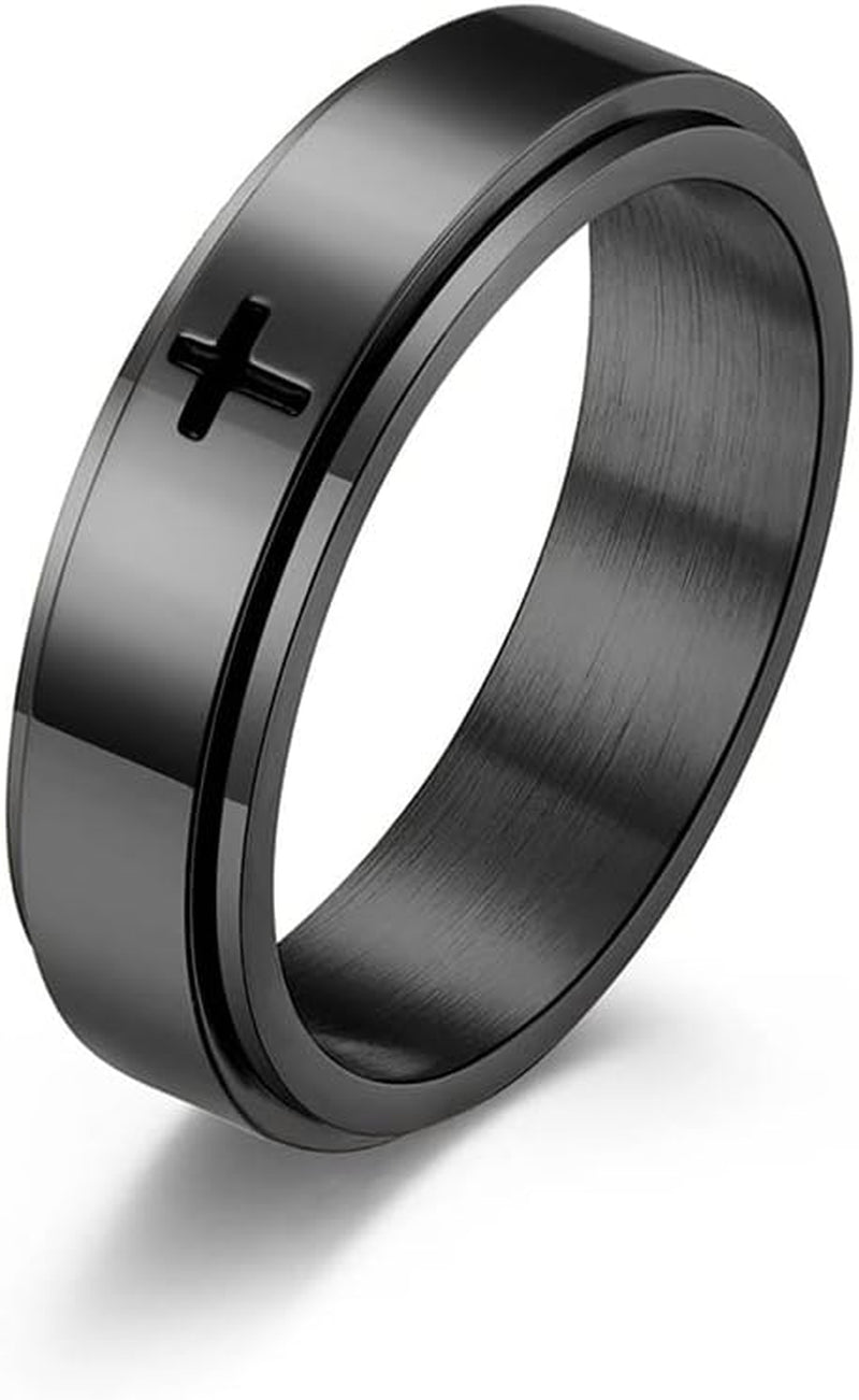 Minimalist Cross Spinner Ring – Christian Prayer Stress Relief Fidget Band, Stainless Steel, Black/Silver, Gift for Men & Women, Sizes 6-10
