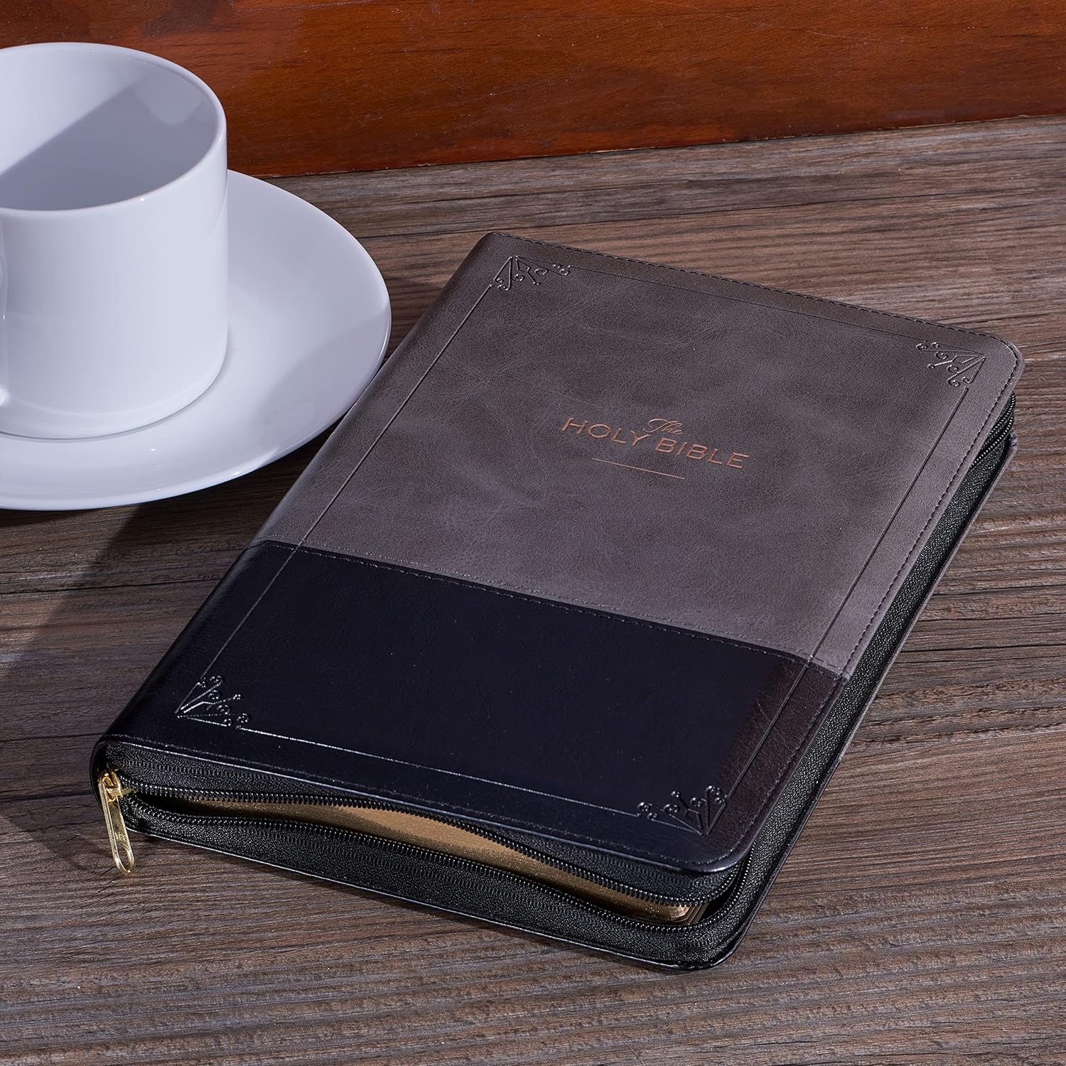 KJV Standard Size Faux Leather Bible, Gray/Black, Zipper & Thumb Index – A Beacon of Faith and Timeless Wisdom