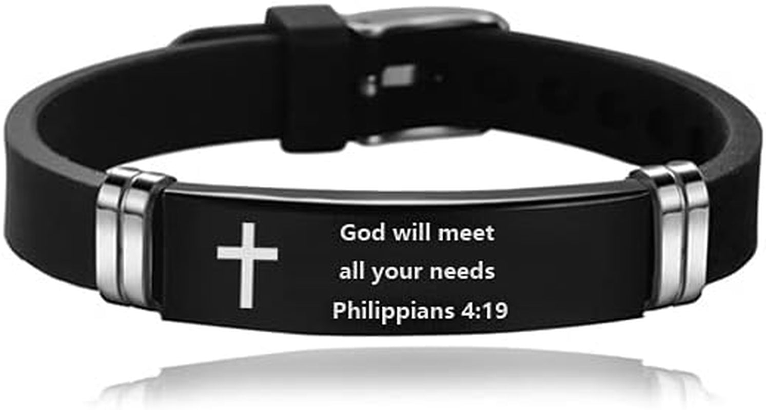 Religious Cross Silicone & Leather Bracelet, Philippians 4:19 , Stainless Steel, 8.26" – A Symbol of Courage and Divine Assurance