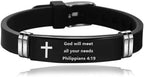 Religious Cross Silicone & Leather Bracelet, Philippians 4:19 , Stainless Steel, 8.26" – A Symbol of Courage and Divine Assurance