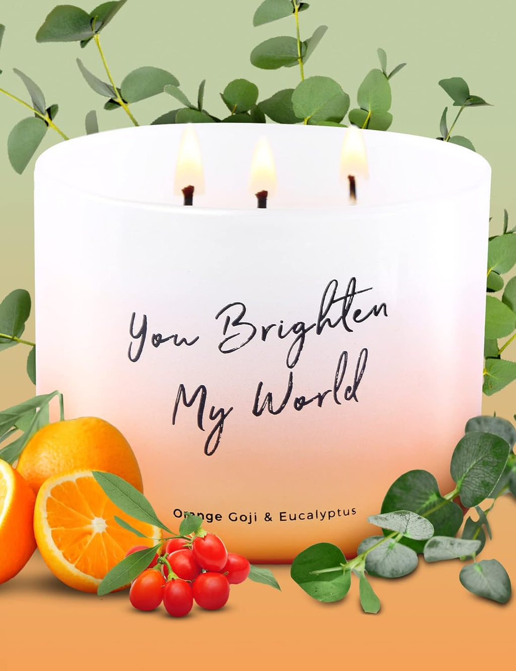 Orange Goji Berry & Eucalyptus 3-Wick Soy Candle, 15.8 Oz | Highly Scented Aromatherapy Candle for Stress Relief | “You Brighten My World” | Gift for Women & Men | Long-Lasting, Clean Burn