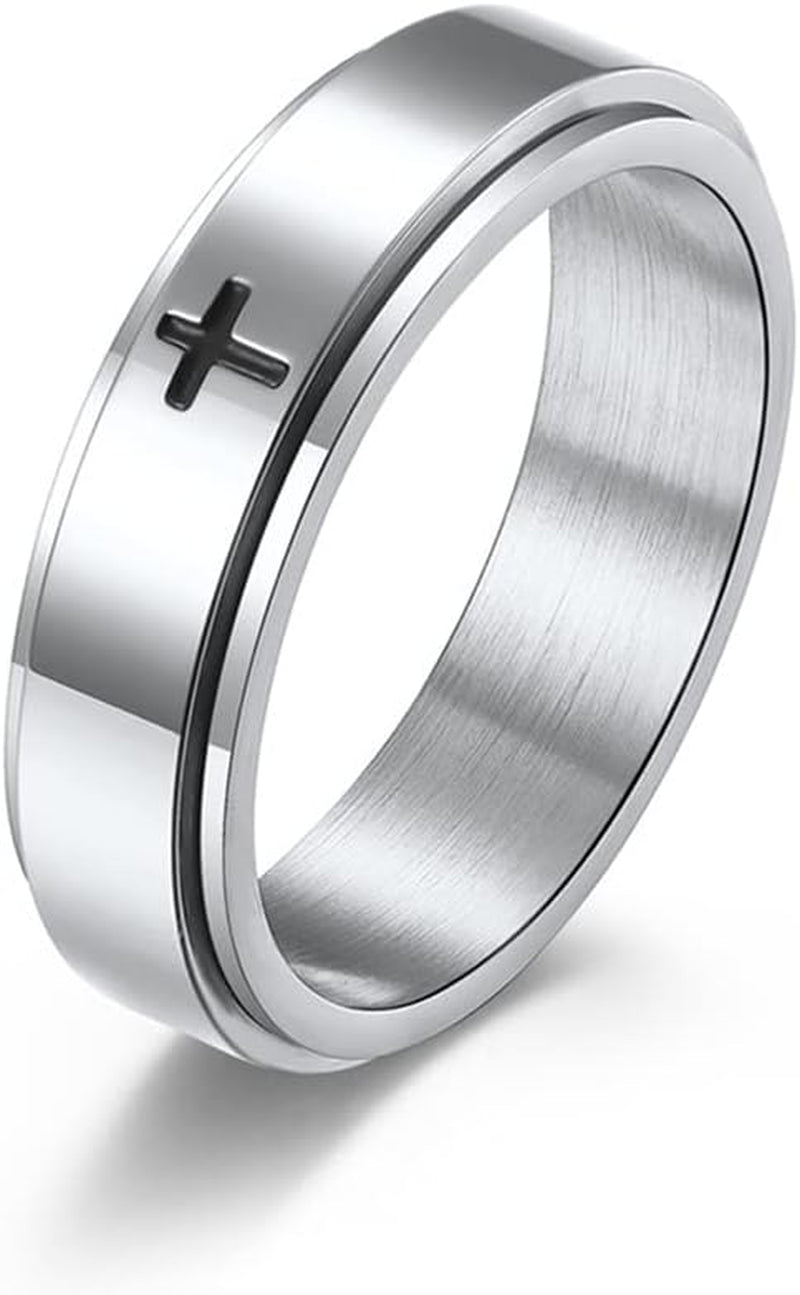 Minimalist Cross Spinner Ring – Christian Prayer Stress Relief Fidget Band, Stainless Steel, Black/Silver, Gift for Men & Women, Sizes 6-10
