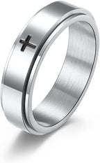 Minimalist Cross Spinner Ring – Christian Prayer Stress Relief Fidget Band, Stainless Steel, Black/Silver, Gift for Men & Women, Sizes 6-10