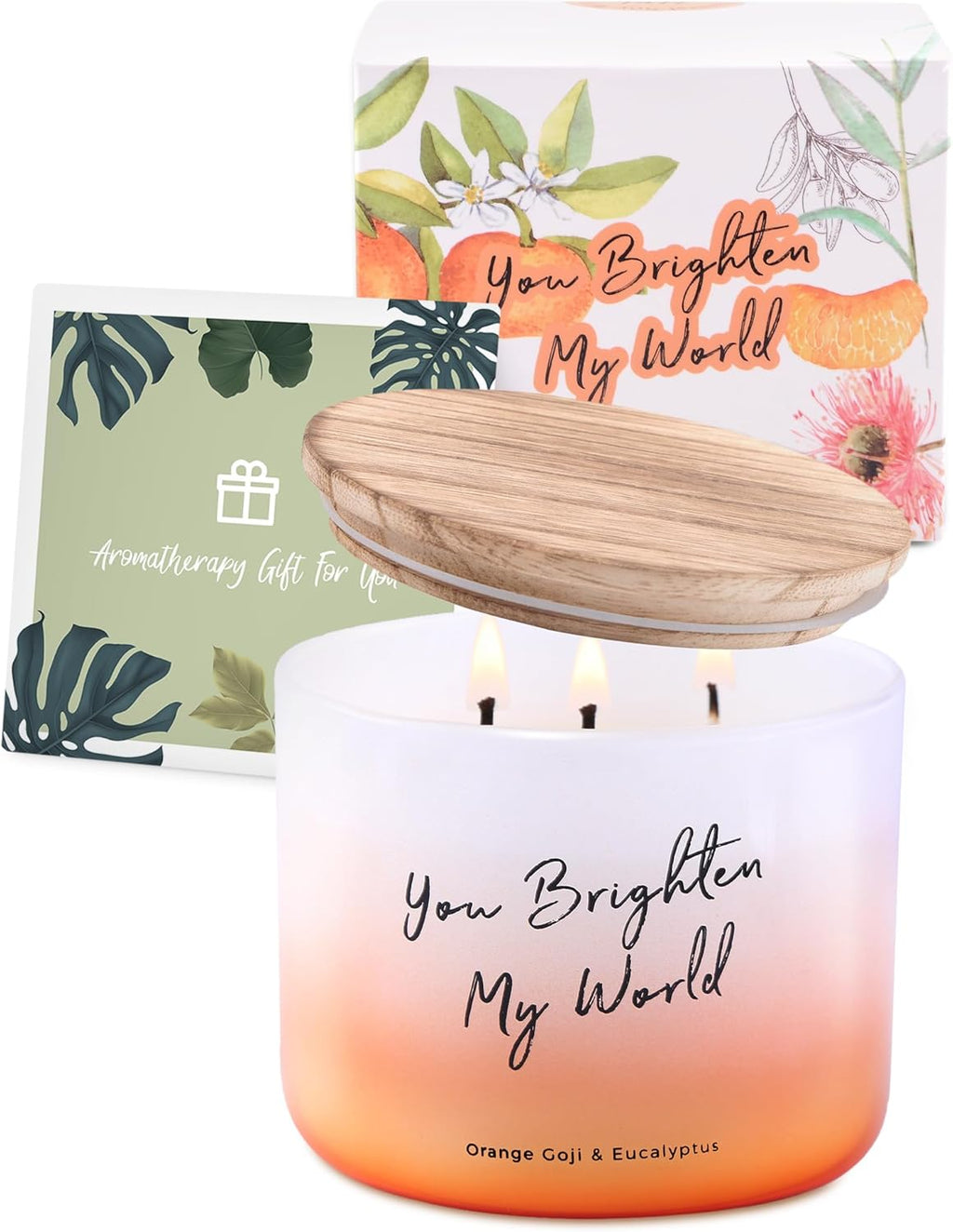 Orange Goji Berry & Eucalyptus 3-Wick Soy Candle, 15.8 Oz | Highly Scented Aromatherapy Candle for Stress Relief | “You Brighten My World” | Gift for Women & Men | Long-Lasting, Clean Burn